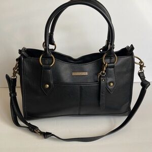 Frye and Co Core Satchel Black Faux Leather Bag w/ Gold Accents 14"x10"x7"